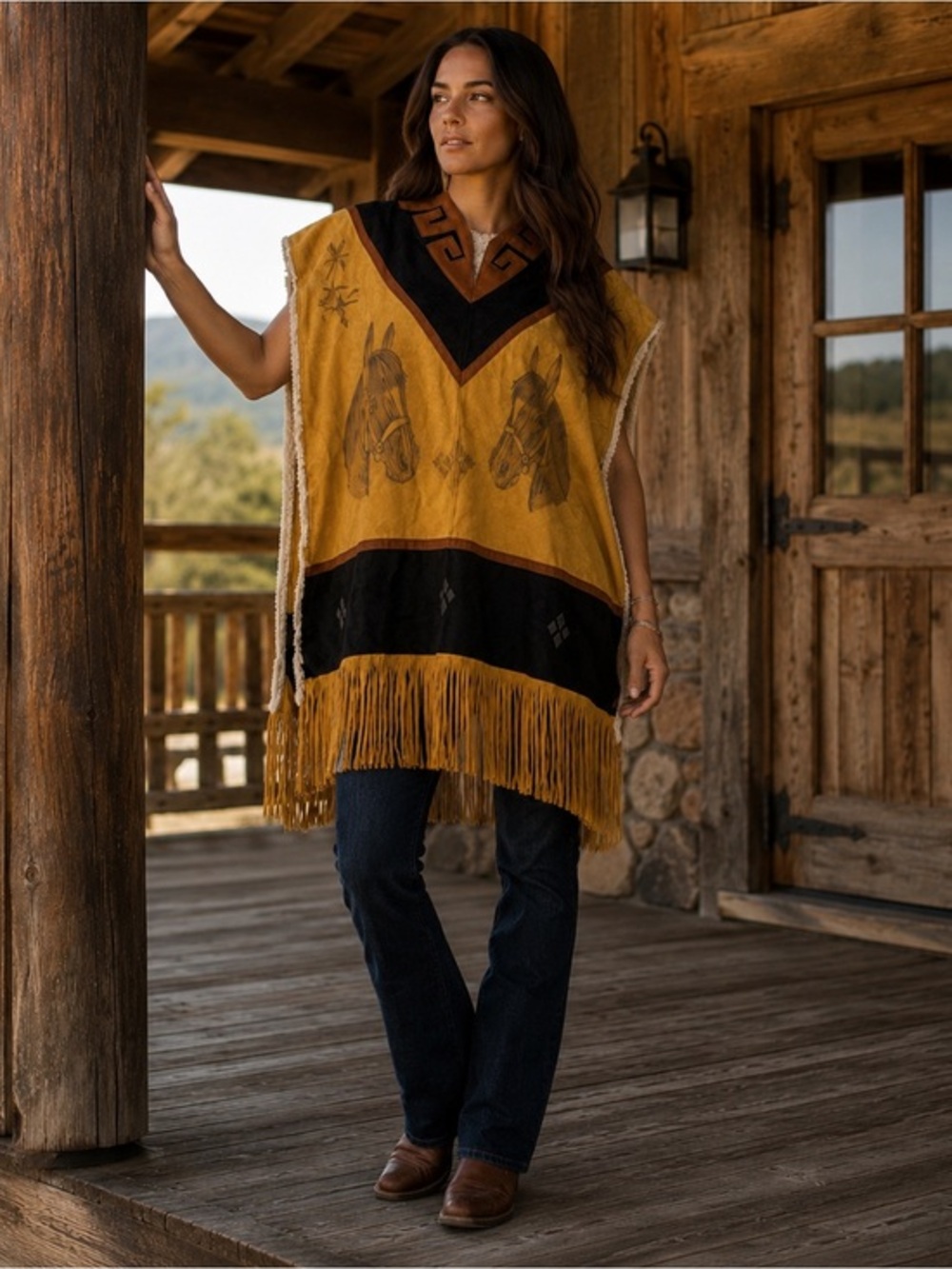 Vintage 100% Leather Made in Mexico Southwestern Horse Fringe Poncho Bohemian
